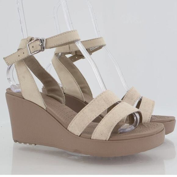 Crocs Women's Leigh Beige and Cream Wedge Strappy Sandals, Size 9, Like New - Picture 1 of 6